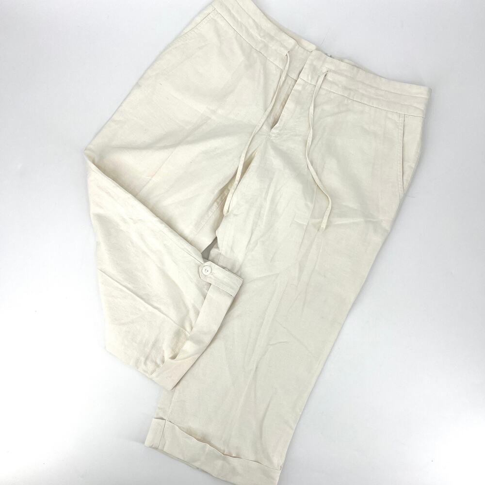 Old Navy Ivory Linen Stretch Cropped Cuffed Pants Wide Leg Drawstring Waist 12